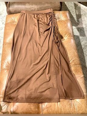 Women's Brown Drawstring Side Ruched side Slit Skirt